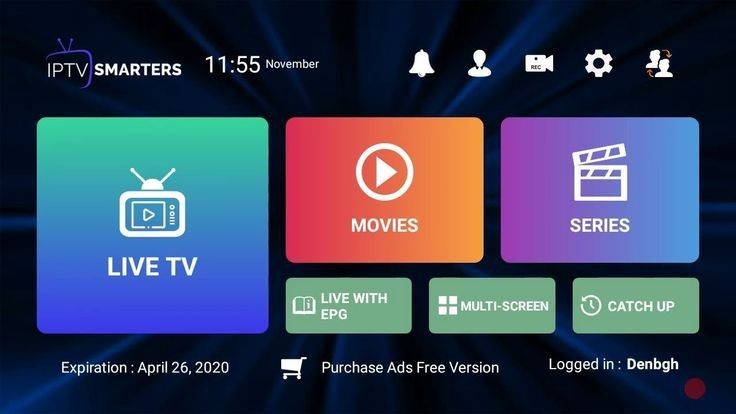 IPTV Smarters interface with options for Live TV, Movies, and Series.